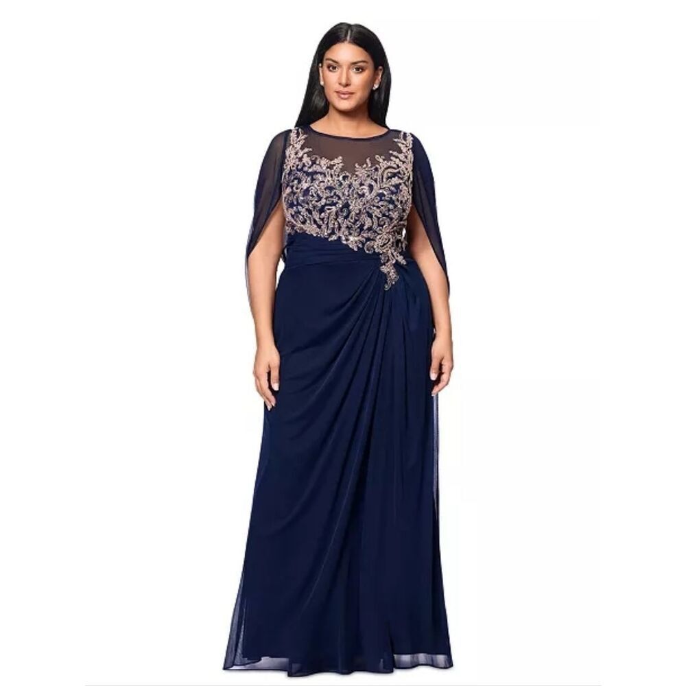 NWT Betsy & Adam Petite Blue Floral Applique Cape Sleeve Gown Size 14 14P